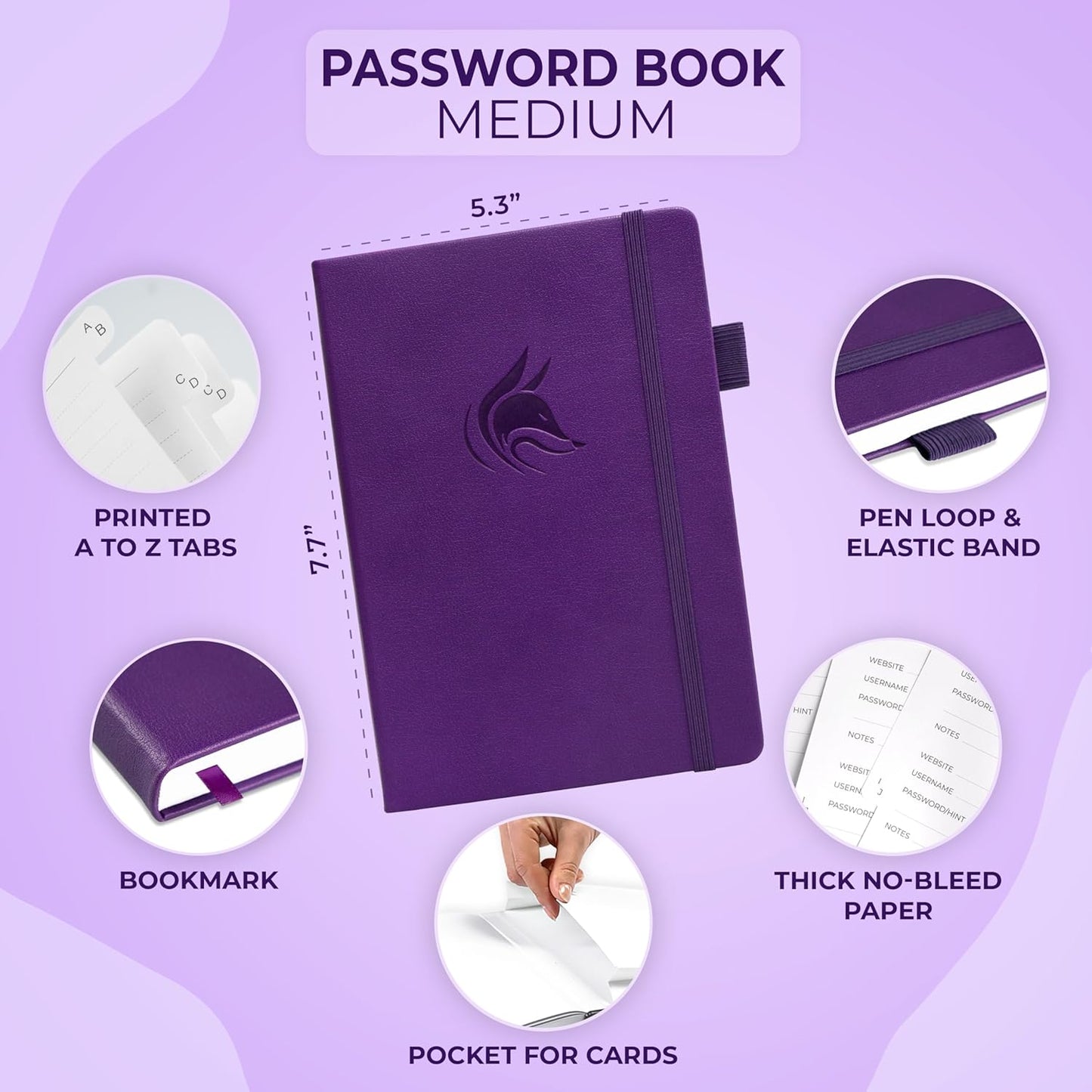 Clever Fox Password Book with alphabetical tabs. Internet Address Organizer Logbook. Medium Password Keeper for Website Logins (Purple)