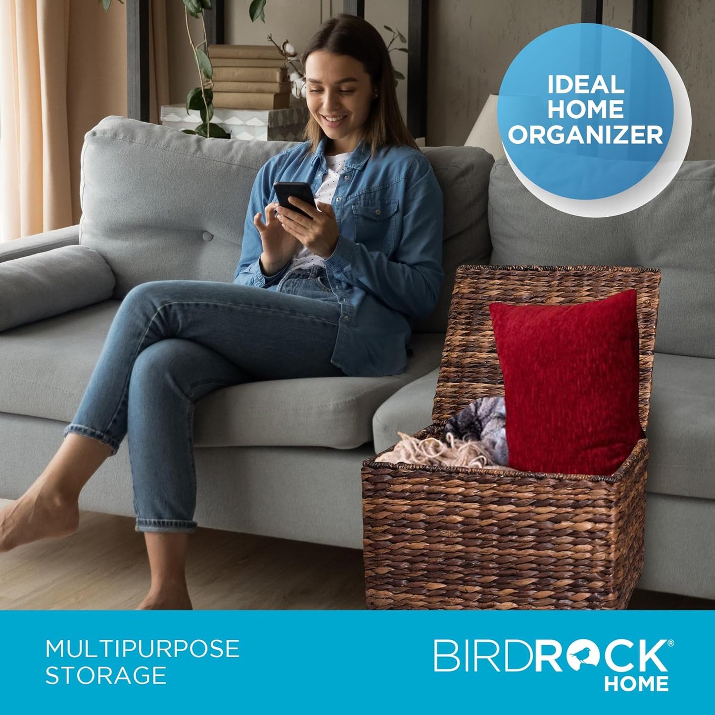 BIRDROCK HOME Seagrass Rolling File Cabinet - Storage Organizer Box with Lid - Home Office Decor - Decorative Organize - Letter Legal Hanging Filing Container - Strong Durable Toy Pillow - Espresso