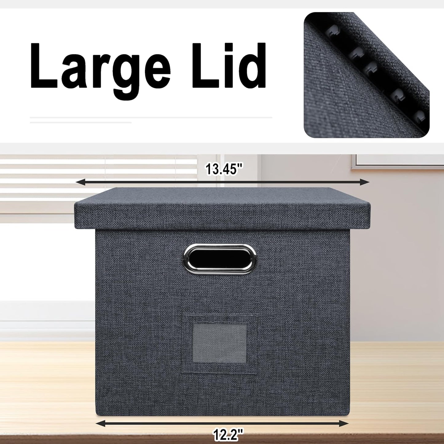 File Organizer, Collapsible Storage Filling Box with Lid for Letter Legal Size Hanging Folders Decorative Linen File Folder Box Document Storage Filing Bin, Dark Gray 2 Pack
