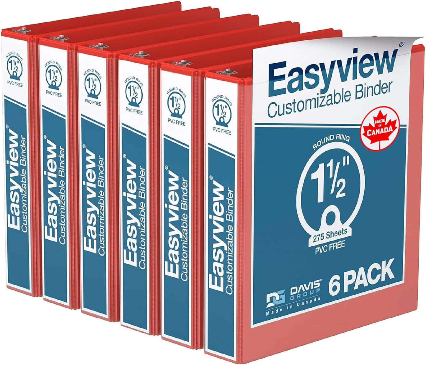 Easyview Premium 3-Ring Binders with Clear-View Covers and Round Rings, Binders for School or Office, 1.5 Inch, Pack of 6, Red