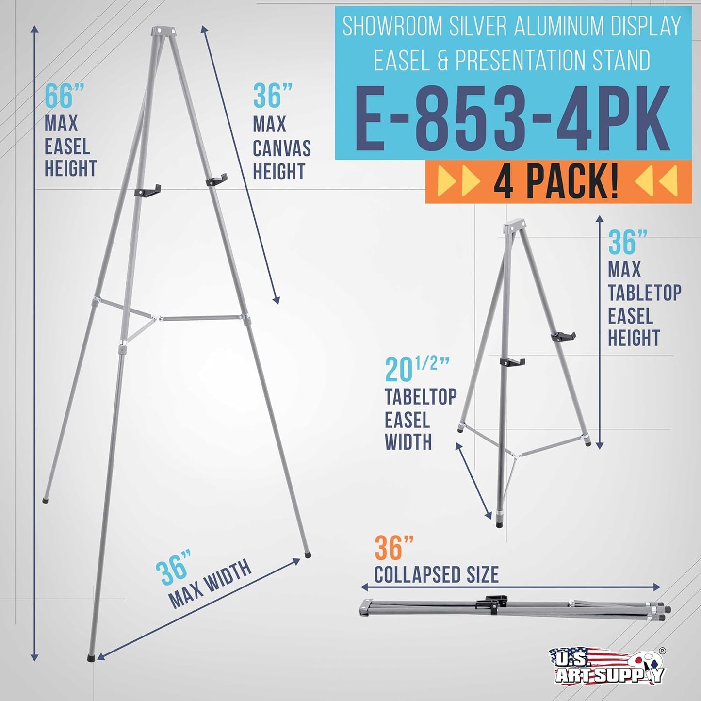 U.S. Art Supply 66" High Gallery Silver Aluminum Display Easel and Presentation Stand (Pack of 4) - Large Adjustable Height Portable Floor and Tabletop Tripod, Holds 25 lbs, Paintings, Signs, Posters