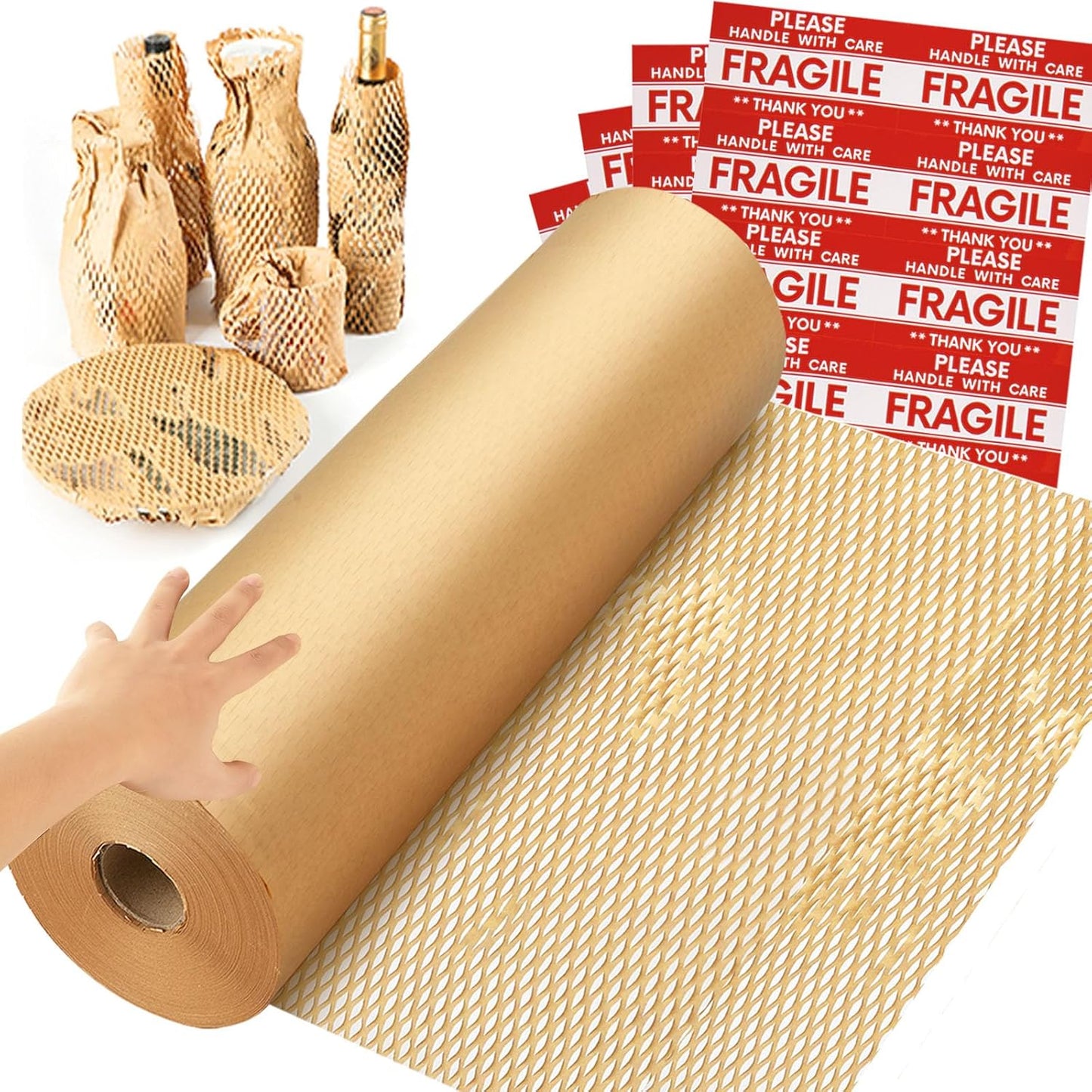 Honeycomb Packing Paper Wrap 15''x600', Substitute Alternative for Bubble Cushioning Wrap for Moving Shipping Packaging, Recyclable Moving Supplies with 48 Fragile Sticker Labels