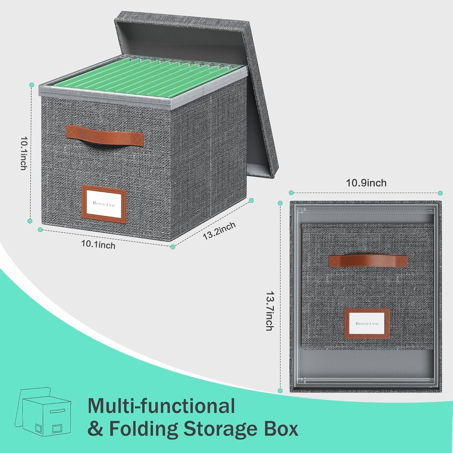 File Box for Hanging, File Organizer Box with Lid Decorative File Folders Letter Size Organizer with One-Piece Integrated Plastic Slide Rail (Grey, 13.2x10.1x10.1inch(3pack))