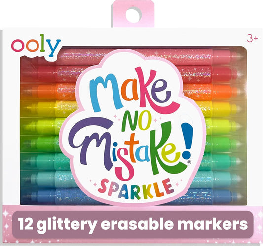 Ooly Make No Mistake Glittery Erasable Markers, 12 Sparkle Markers that are Mess Free that You Can Erase, Colorful Back to School Supplies for Any Arts & Crafts