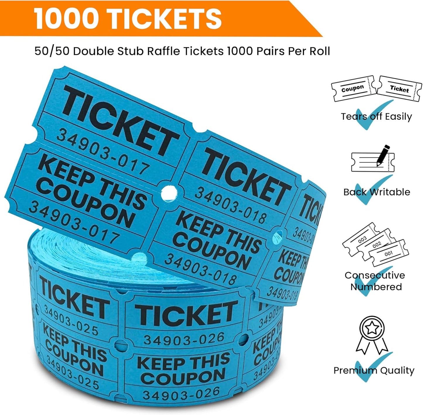 Pm Company 1000 Raffle Tickets Double Roll, 50/50 Blue Raffle Tickets for Events, Carnivals, Fundraisers, Classroom Rewards, and Prizes - Premium Quality