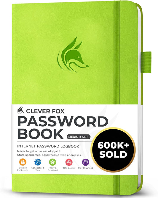 Clever Fox Password Book with alphabetical tabs. Internet Address Organizer Logbook. Medium Password Keeper for Website Logins (Green)