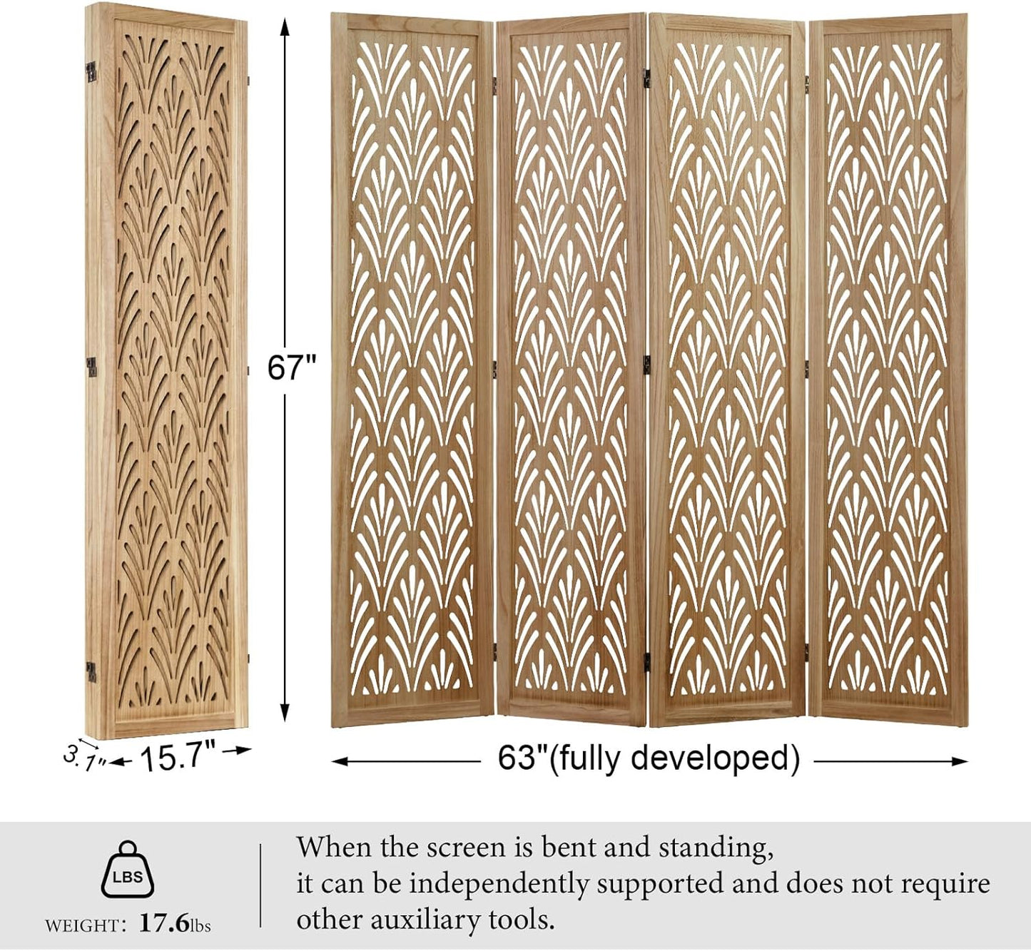 5.6Ft Room Divider Folding Wood Simple Carved Partition Screen for Home Office Garden - 4 Panels (Natural)
