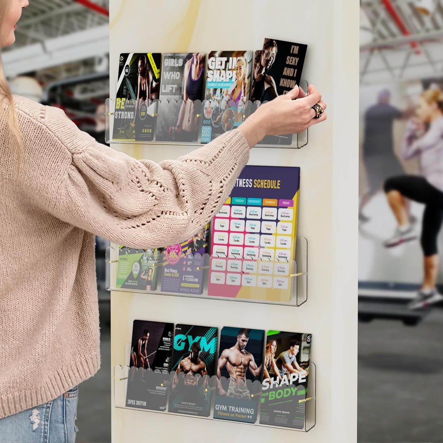 Brochure Holder Wall Mount, 2 Pack Acrylic Modular Flyer with Adjustable Magnetic Golden Bolt, Wavy Lace Pamphlet Display Stand for Organizer Trifold Flyer, Document, Leaflet, 4 Slots