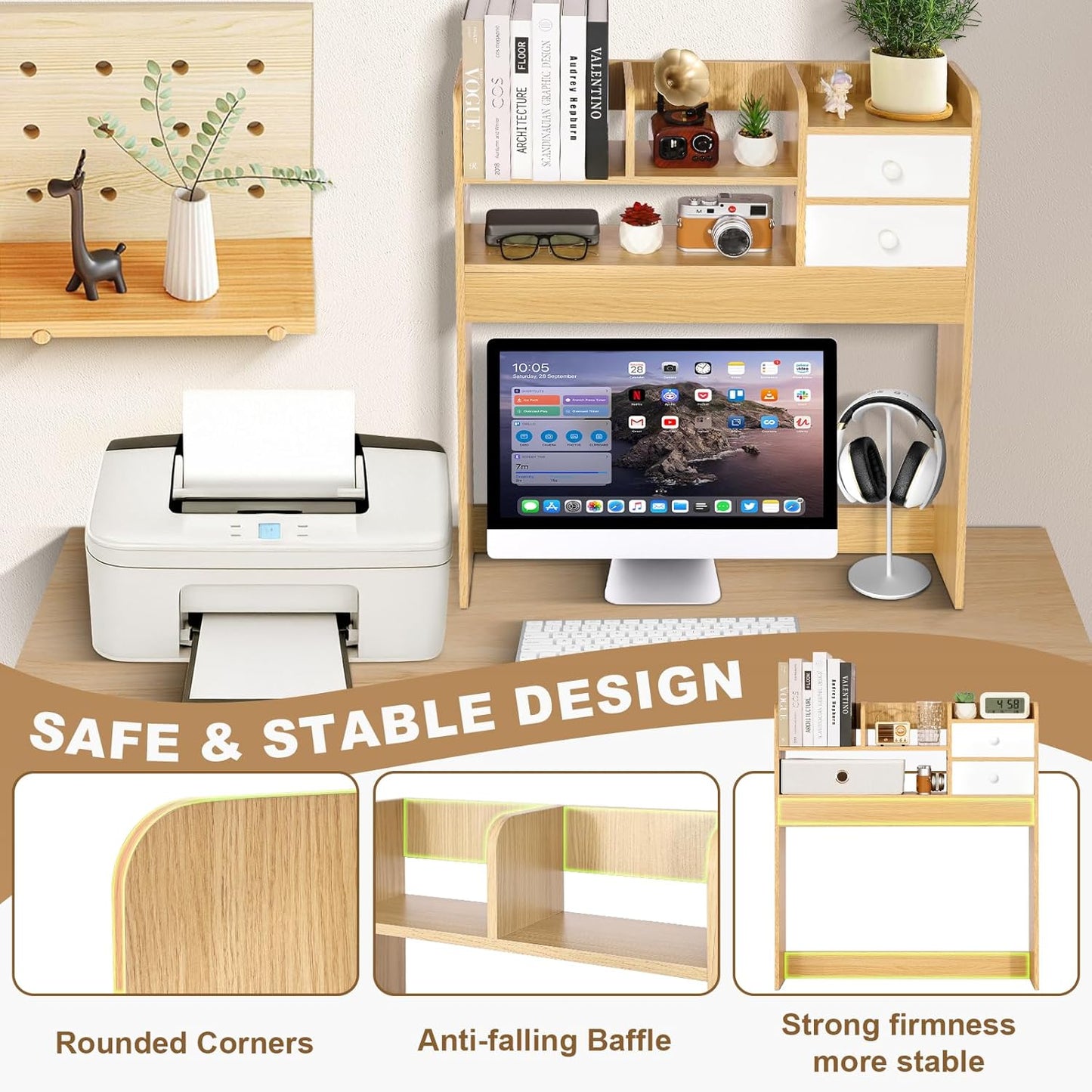 YGYQZ Wood Desk Shelf Organizer, Desk Hutch Top Only, Book Shelf for Comuputer Display Rack Storage Stand for Office, Home, Dorm