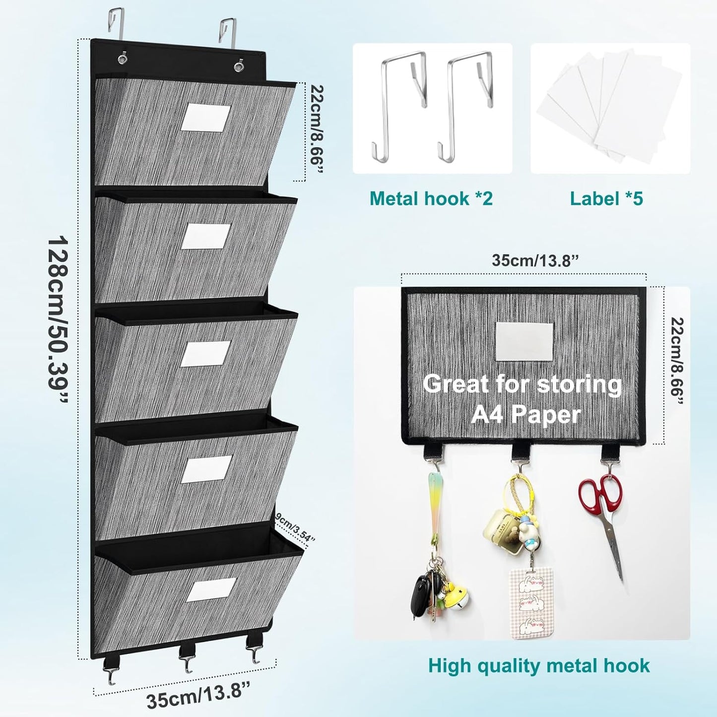 homyfort Over the Door File Organizer, Hanging File Folders, Wall Organizers and Storage for Mail, Magazine, Notebooks, Planners, Office, Classroom, 5 Extra Large Pockets, 50.39” Tall (Black)