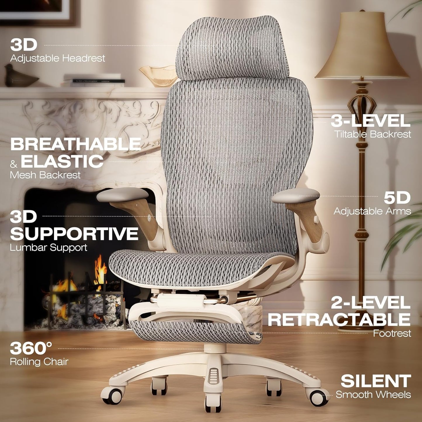 ELABEST X100 Ergonomic Office Chair with Footrest, Big and Tall Home Desk Chair with 5D Flip-Up Arms, Adjustable 7D Lumbar Support,High Back Rolling Computer Chair, Swivel Mesh Chairs (Foggy Morning)