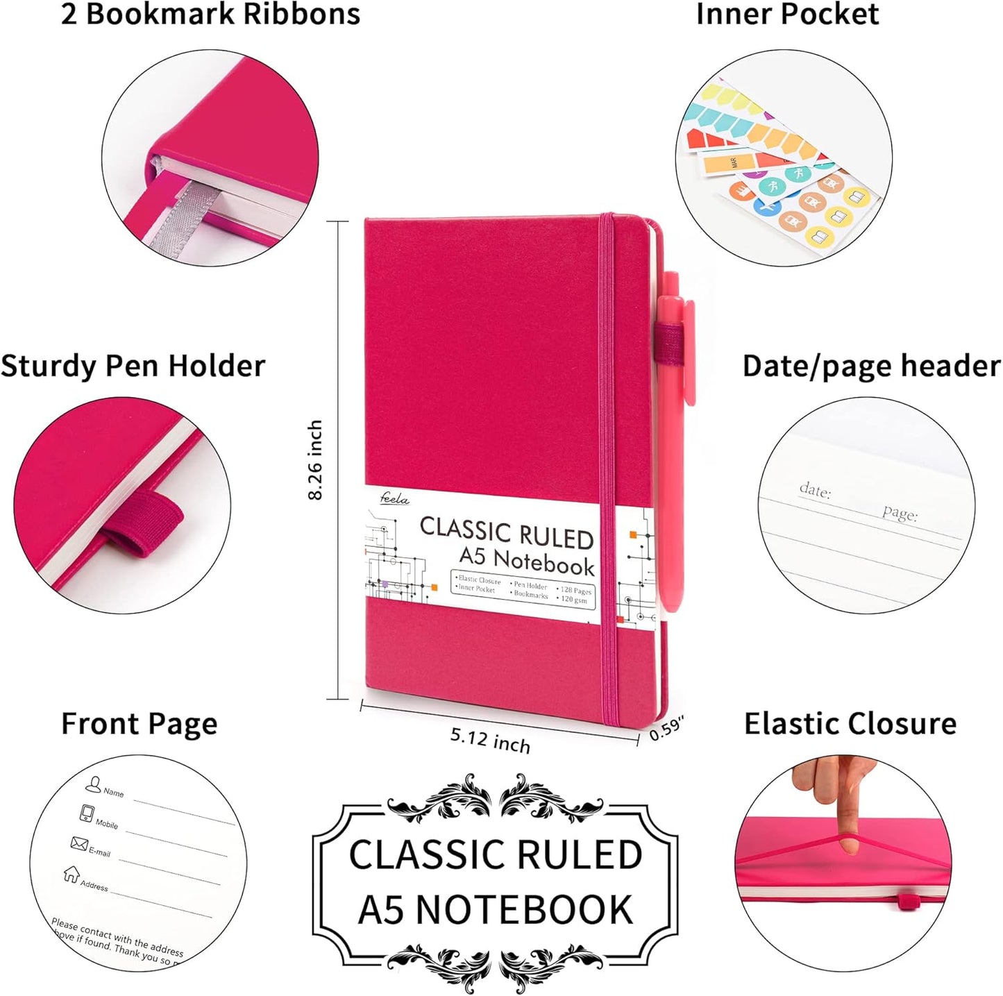 feela 12 Pack Notebooks Journals Bulk, Hardcover Notebook Classic Ruled Lined Journals with Pen Holder for Women Girls School Business Supplies, with 12 Black Pens, 120 GSM, 5.1”x8.3”, A5, Berry