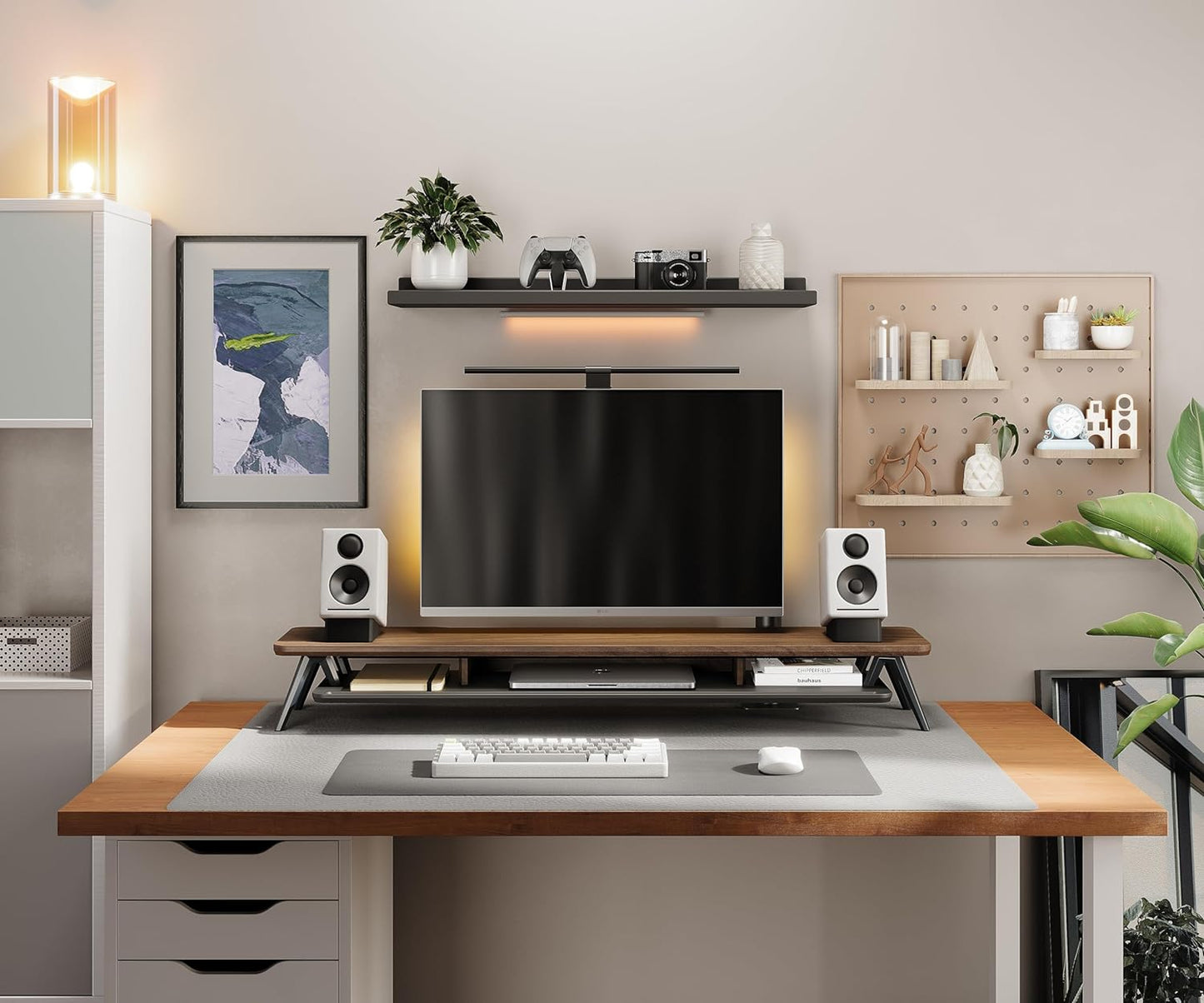 Fenge Dual Monitor Stand, Monitor Stands Riser for 2 monitors, 42.5 Inch Wood Desk Shelf with Storage Organizer and Cable Management for Office Desk Accessories