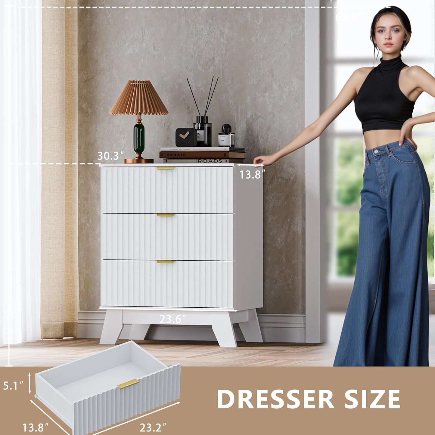 Fluted 3 Drawer Dresser, 30.3" Tall Compact Modern Boho Chest of Drawers, Wooden Storage Cabinet for Bedroom, Living Room, Entryway, Curved Profile Design