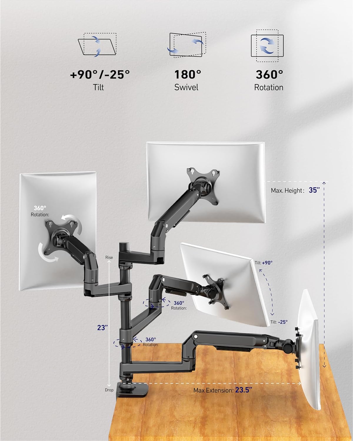 Quad Monitor Mount, Holds Screens up to 40 Inches and 25 lbs, Fully Adjustable 4 Monitor Mount with C-Clamp and Grommet Base, Aluminum, Black