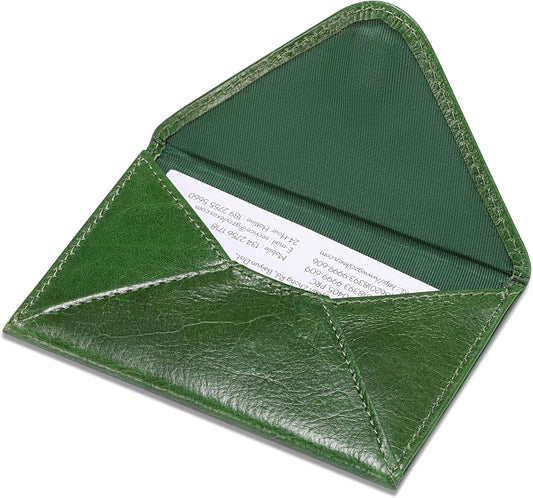 HISCOW Envelope Business Card Case with Magnet Closure - Italian Calfskin (Green Vegetable-Tanned Leather)