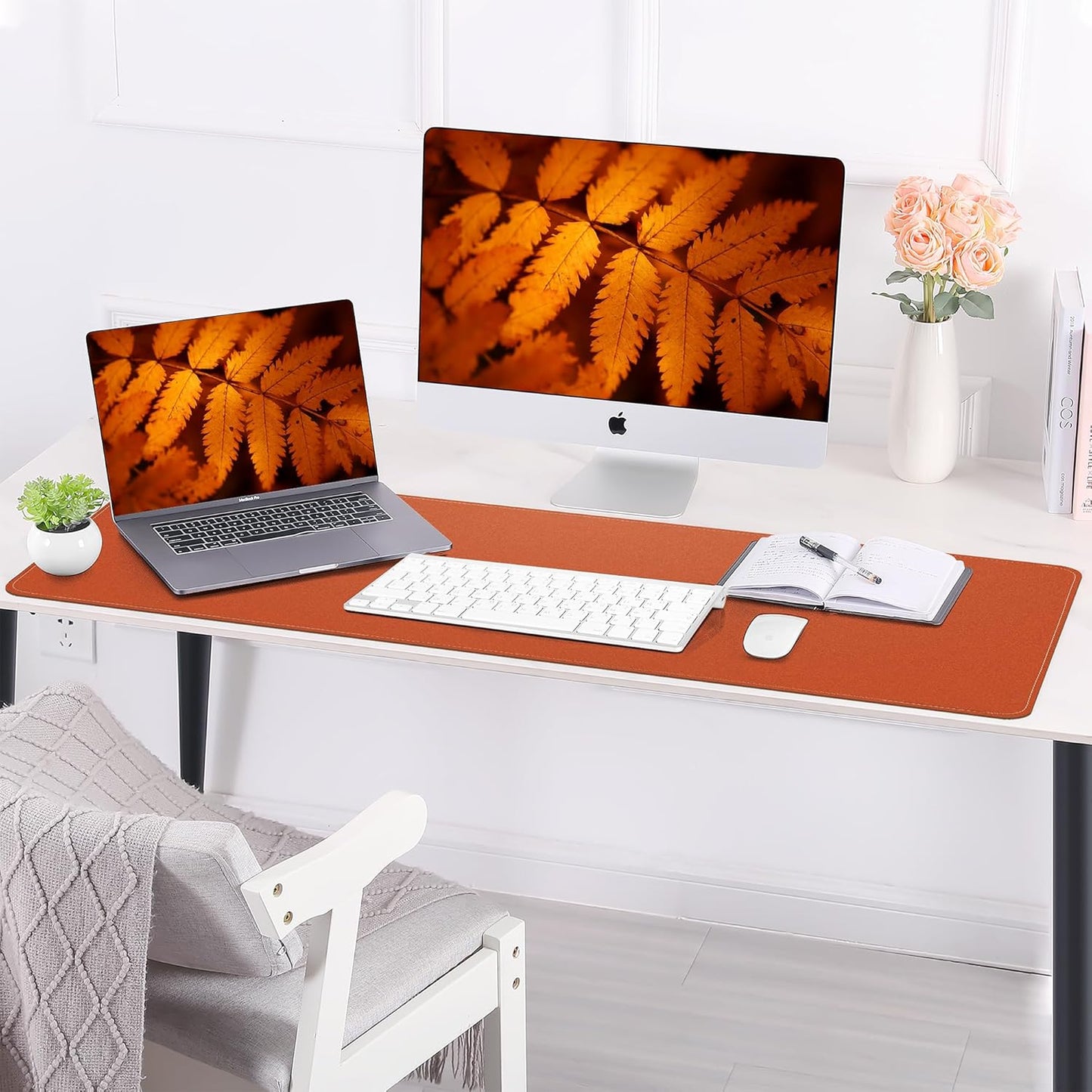 Large Desk Mat -47.2" x 17" Leather Desk Pad Protector with Natural Cork & PU Leather, Non-Slip Office Desk Mat, Double-Sided Mouse Pad, Waterproof Large Desk Pad for Office&Home (Orange)…
