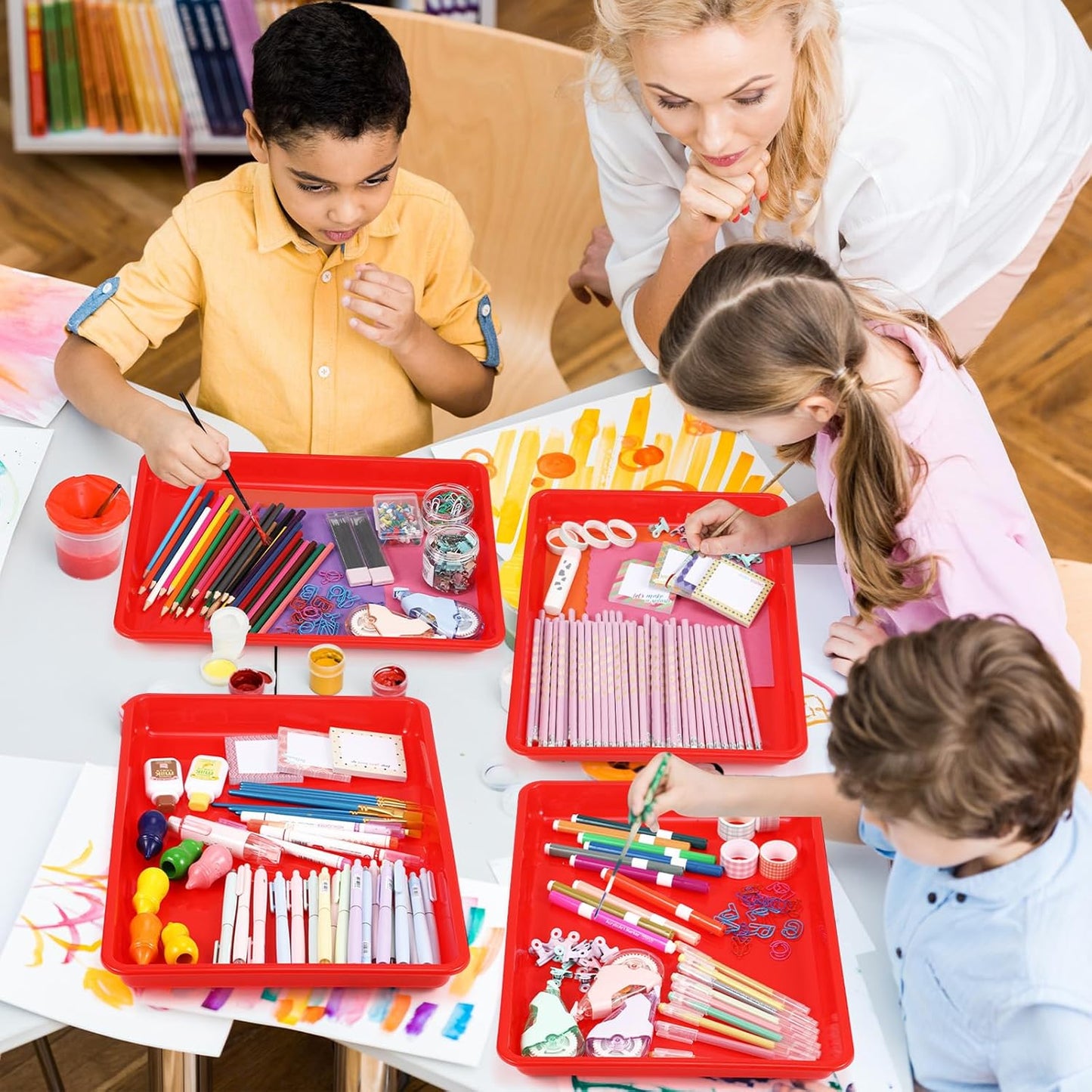 Maitys 15 Pcs Flat Plastic Trays 16.1 x 11.8'' Sensory Storage Paper Tray Stackable Classroom Bins for Office Home Organizer Crafts Supplies(Red)