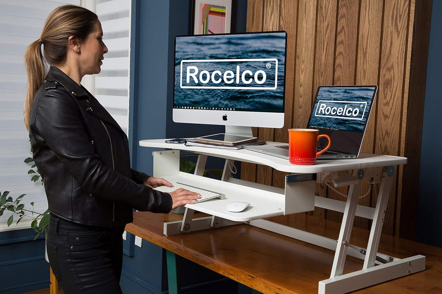 Rocelco 37.5" Deluxe Height Adjustable Standing Desk Converter - Quick Sit Stand Up Dual Monitor Riser - Gas Spring Assist Computer Workstation - Large Retractable Keyboard Tray - White (R DADRW)