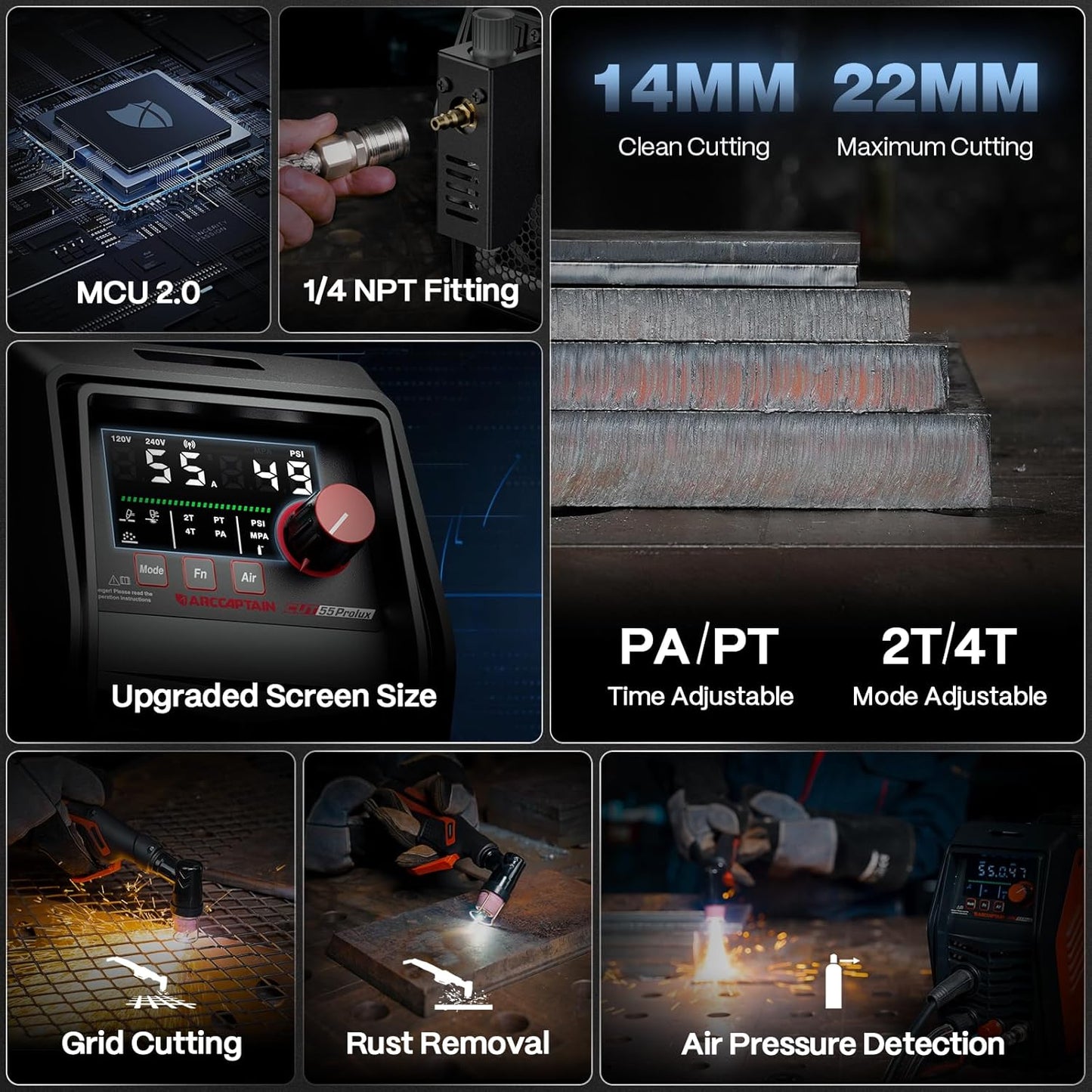 ARCCAPTAIN iControl CUT55 Prolux Plasma Cutter Machine, [APP Control] 55 Amp Non-Touch Pilot Arc, 120V/240V, Upgraded LED Display, Grid Cutting, Rust Removal, Air Pressure Detection for Home DIY