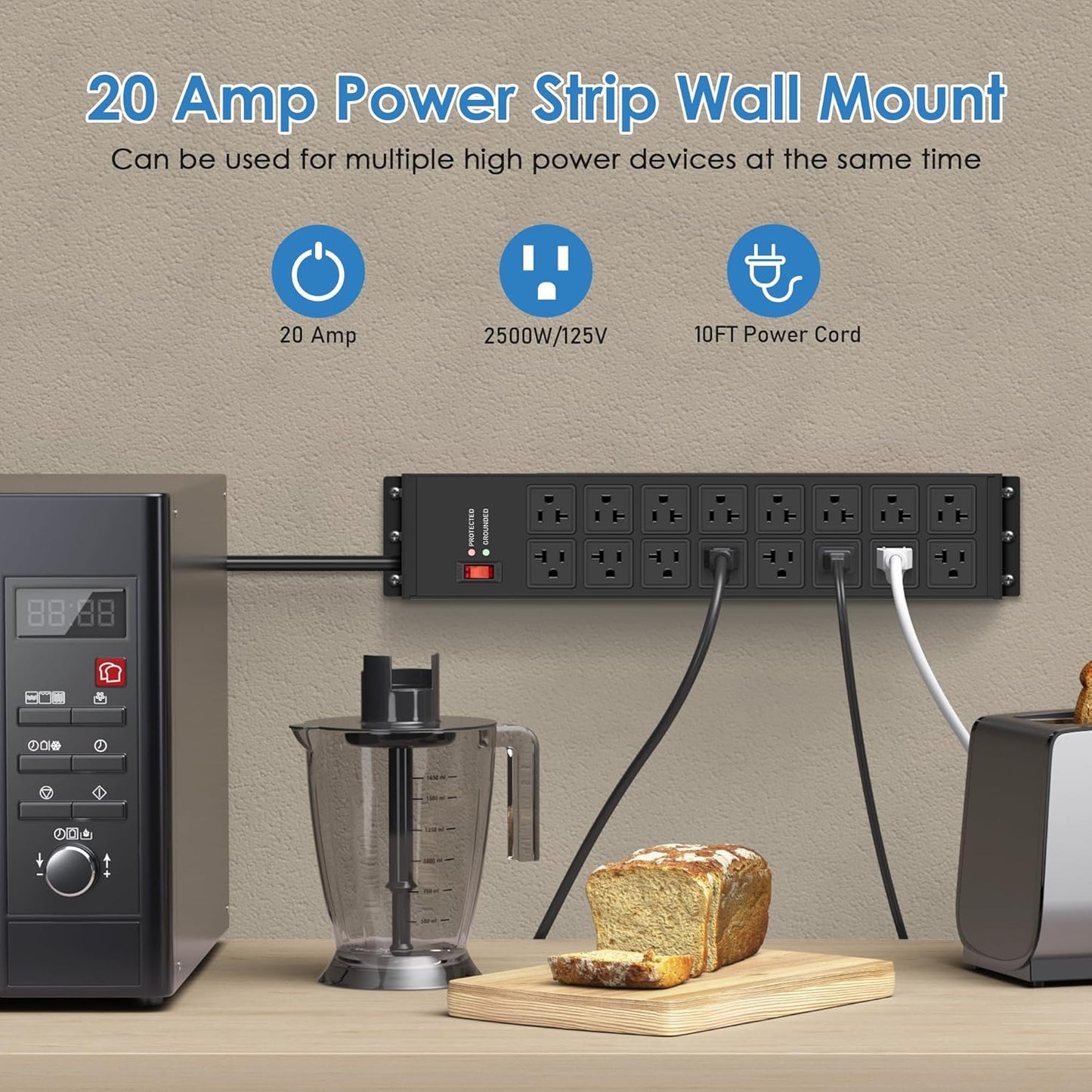 JUNNUJ Heavy Duty 20 Amp Power Strip 4800J, 16 Outlets 12 Gauge Garage Industrial Surge Protector, High Amp 5-15P Adapter Shop 6-20R T-Slot Metal Outlet, 4 FT Extension Cord Commercial for Appliance