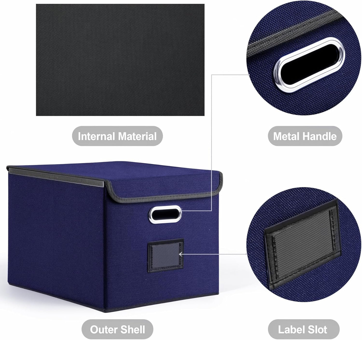 File Organizer Box, Linen Filing Organizer with Lid, Large Desktop File Boxes, Dark Blue,2 Pack
