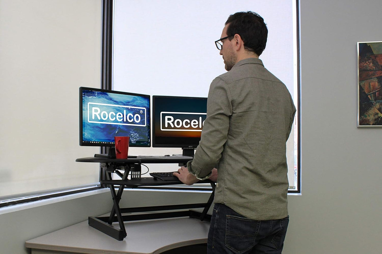 Rocelco 46" Height Adjustable Corner Standing Desk Converter with Anti Fatigue Mat BUNDLE, Quick Sit Standup Dual Monitor Riser, Computer Workstation-Keyboard Tray, (R CADRB-46-MAFM), Black