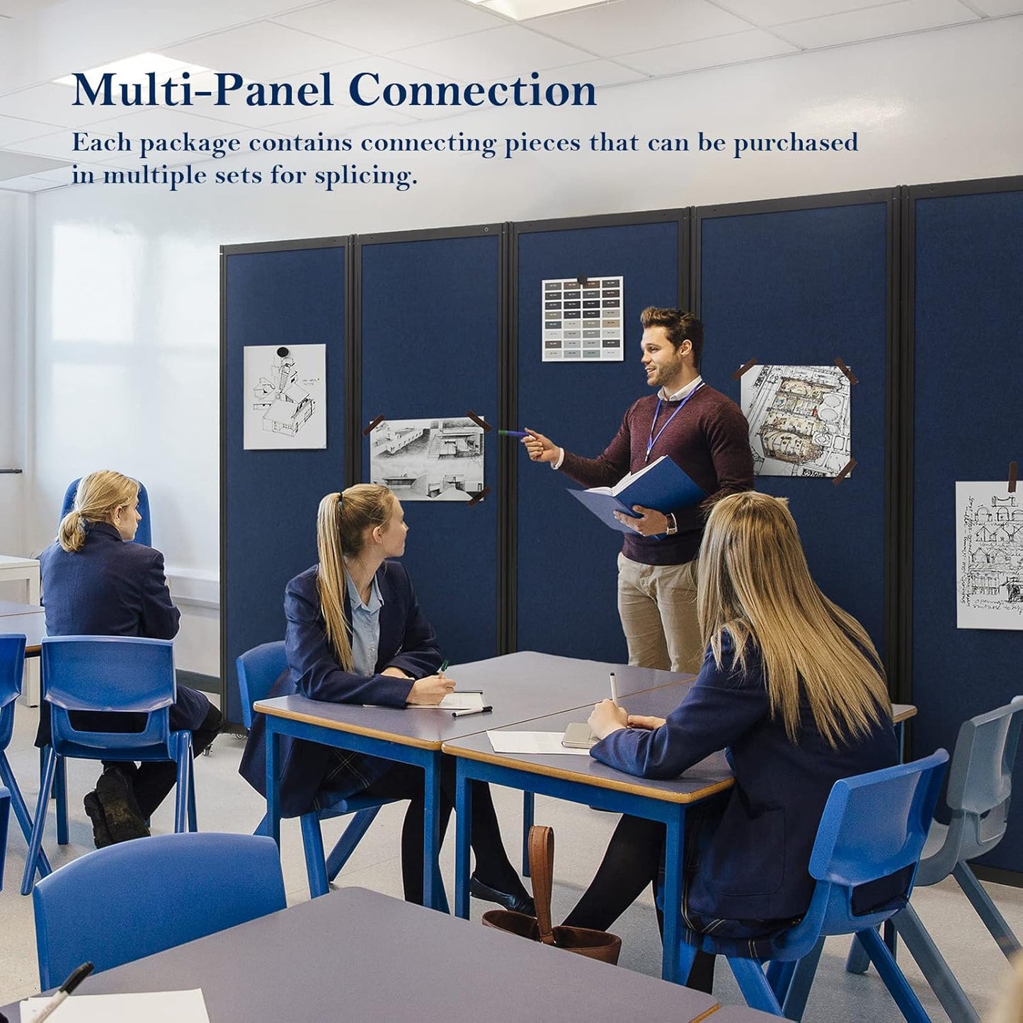 Room Partition,Office Divider,Portable Commercial Screen Dividers,Privacy Partition Separator,Classroom School Dividers, 10'6"L* 6'7"H,5 Panel,Blue