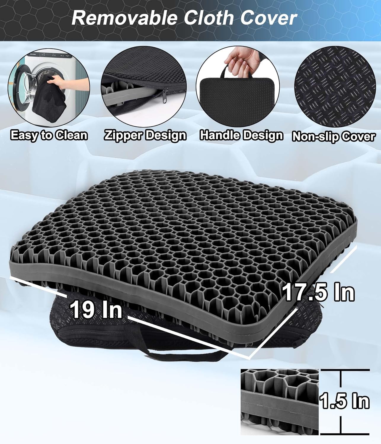 Seat Cushion, Gel Seat Cushion for Long Sitting– Back, Sciatica, Tailbone Pain Relief Pad, 19in Seat Pad for Car, Office Chair, Wheelchair, Soft Support for Long Trips