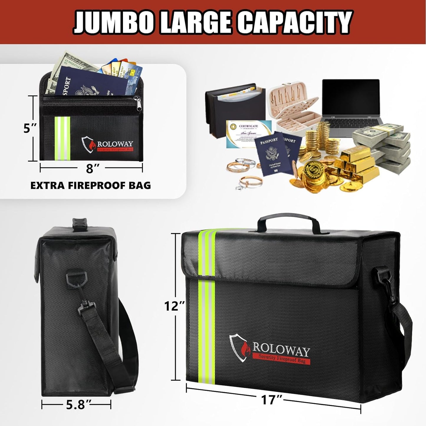 ROLOWAY Large Fireproof Bag 5200°F Heat Insulated (17 x 12 x 5.8 inches) with Reflective Strip, Fireproof Document Bag with Fireproof Money Bag for Cash Safe, Fireproof Safe Bag for Document Safe
