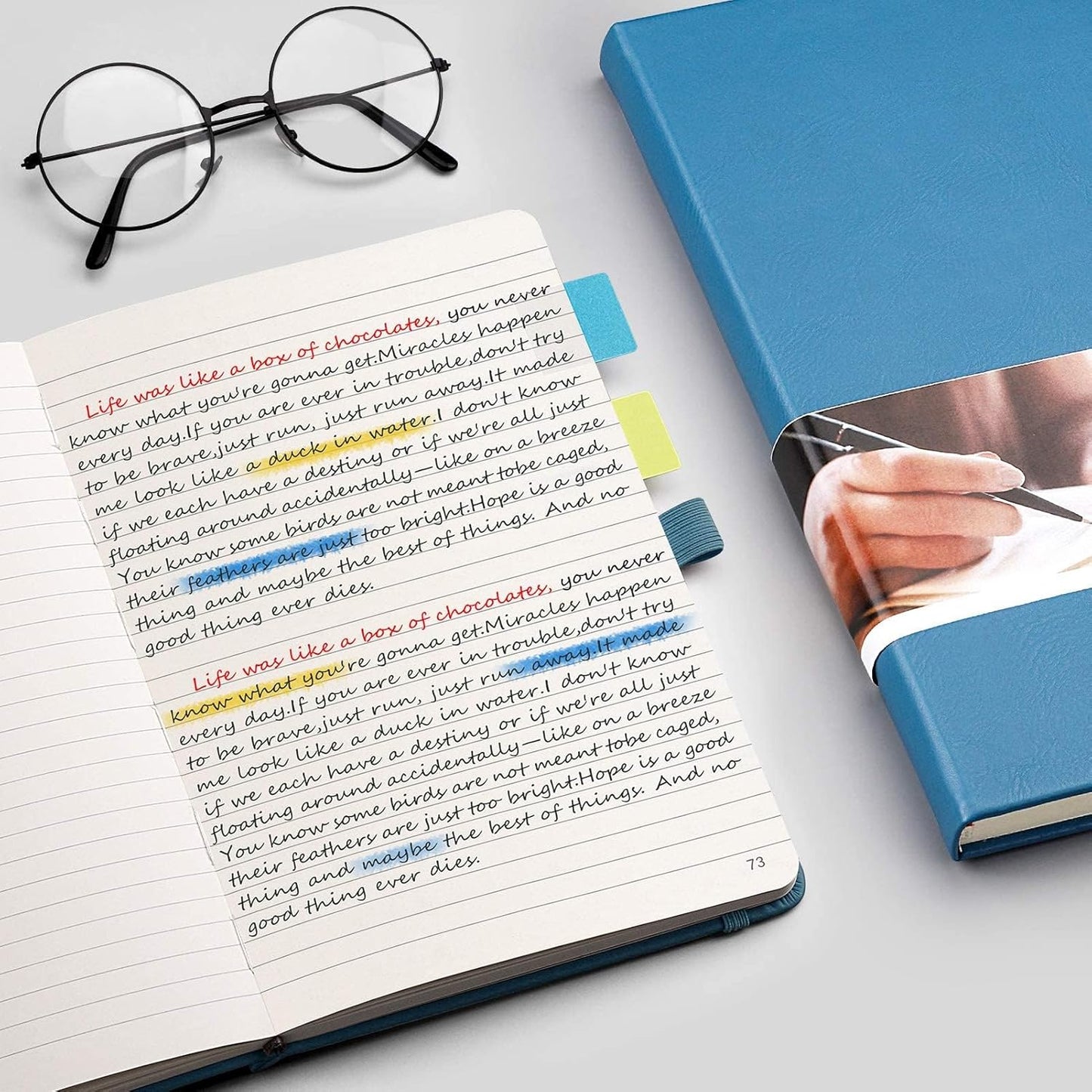 EMSHOI College Ruled Notebook Lined Journal - 120gsm Thick 256 Numbered Pages, A5 Hardcover Leather Writing Notebook for Work School Travel Women & Men - with Sticky Notes, 5.75"x8.38", LightBlue