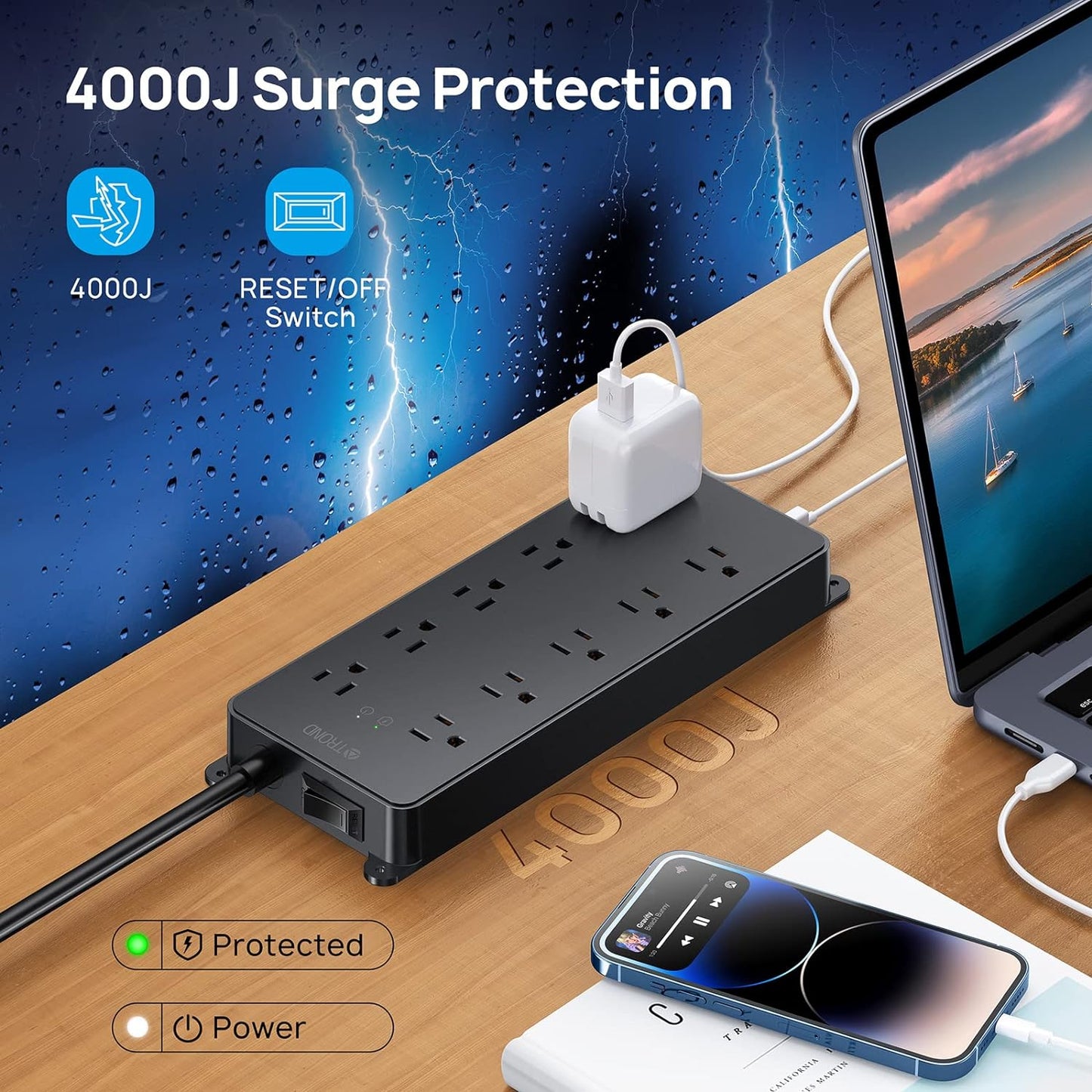 TROND Power Strip Surge Protector, Flat Plug 15ft Long Extension Cord, 10 Widely Spaced AC Outlets, 2 USB A & 2 USB C Ports, 4000J, ETL Listed, Wall Mountable, for Home Office Entertainment, Black