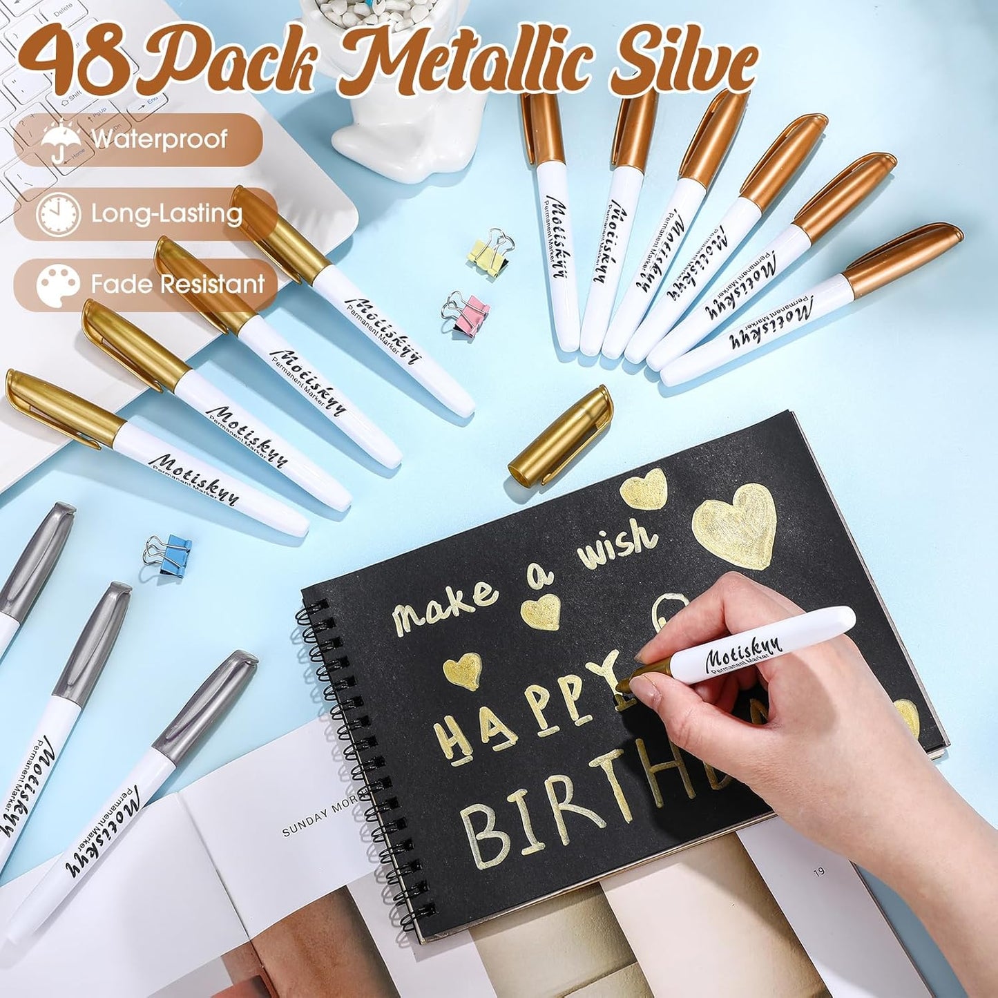 48 Pcs Metallic Permanent Markers Bulk Metallic Marker Pens Medium Tip Quick Dry Paint Pen for Classroom DIY Crafts Artist Illustration Gift Card Making (Gold and Silver)