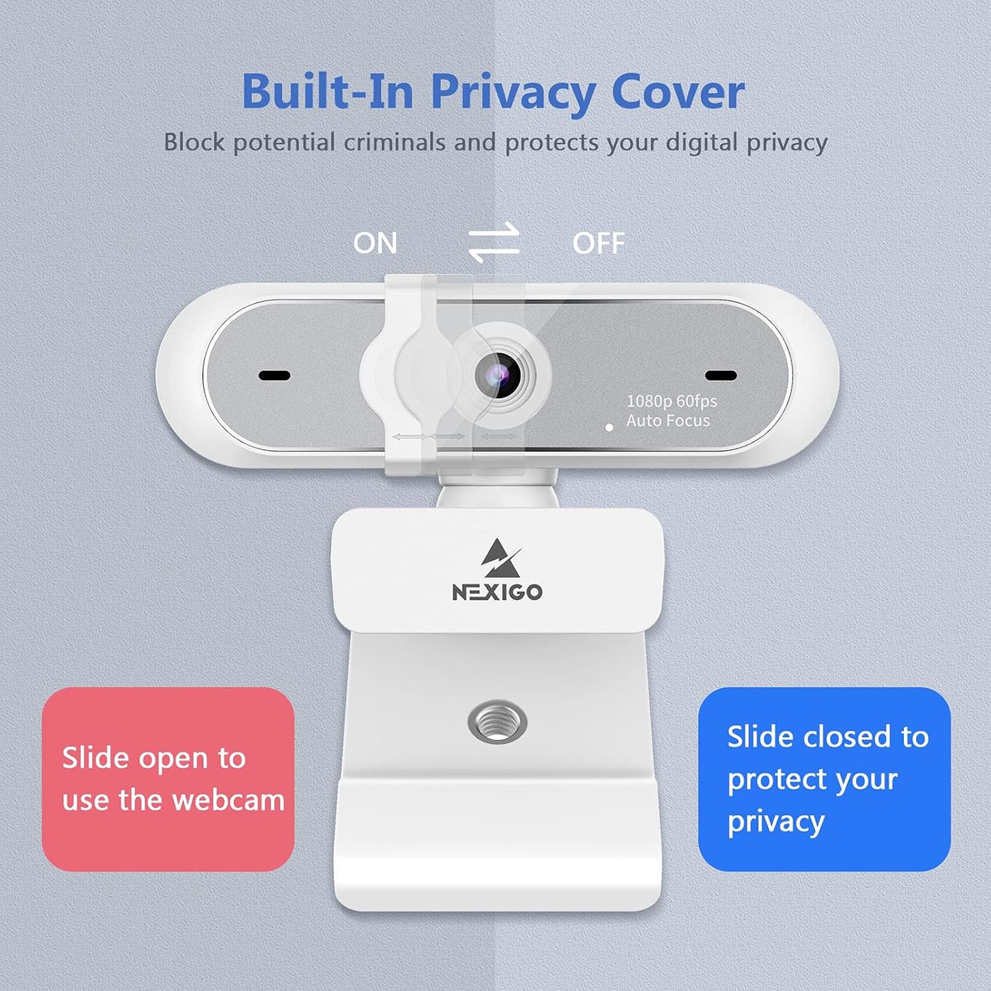 NexiGo N660P (Gen 2) 1080P 60FPS Webcam with Software Control, Dual Microphone & Cover, Autofocus, HD USB Computer Web Camera, for OBS/Zoom/Skype/FaceTime/Teams/Twitch, White