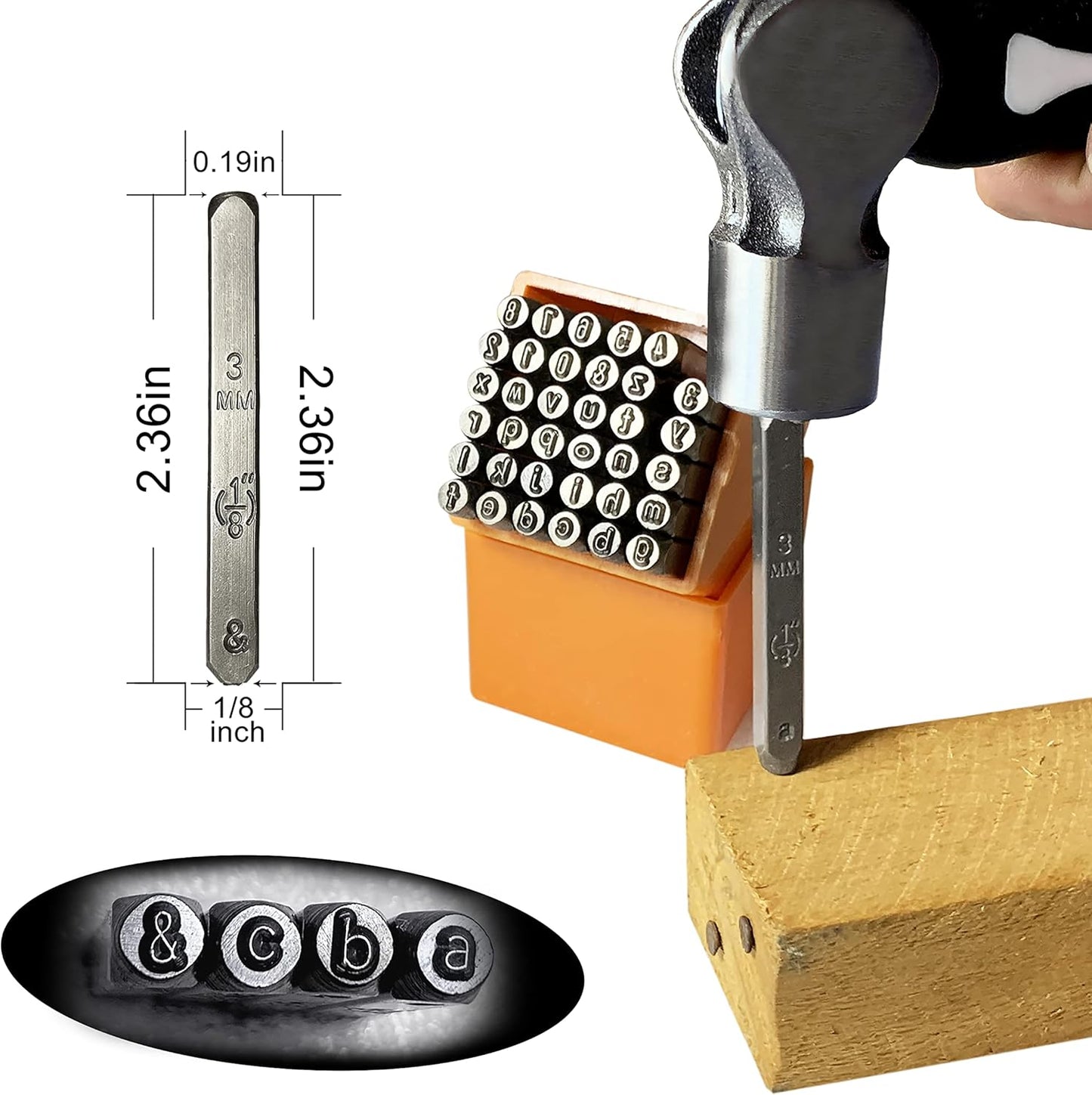 HimaPro Number and Letter Stamp Set 36 PCs Lowercase Industrial Grade Letters 'a'-'z', '&', '0'-'9' in a Plastic Box (3mm - 1/8 Inch)