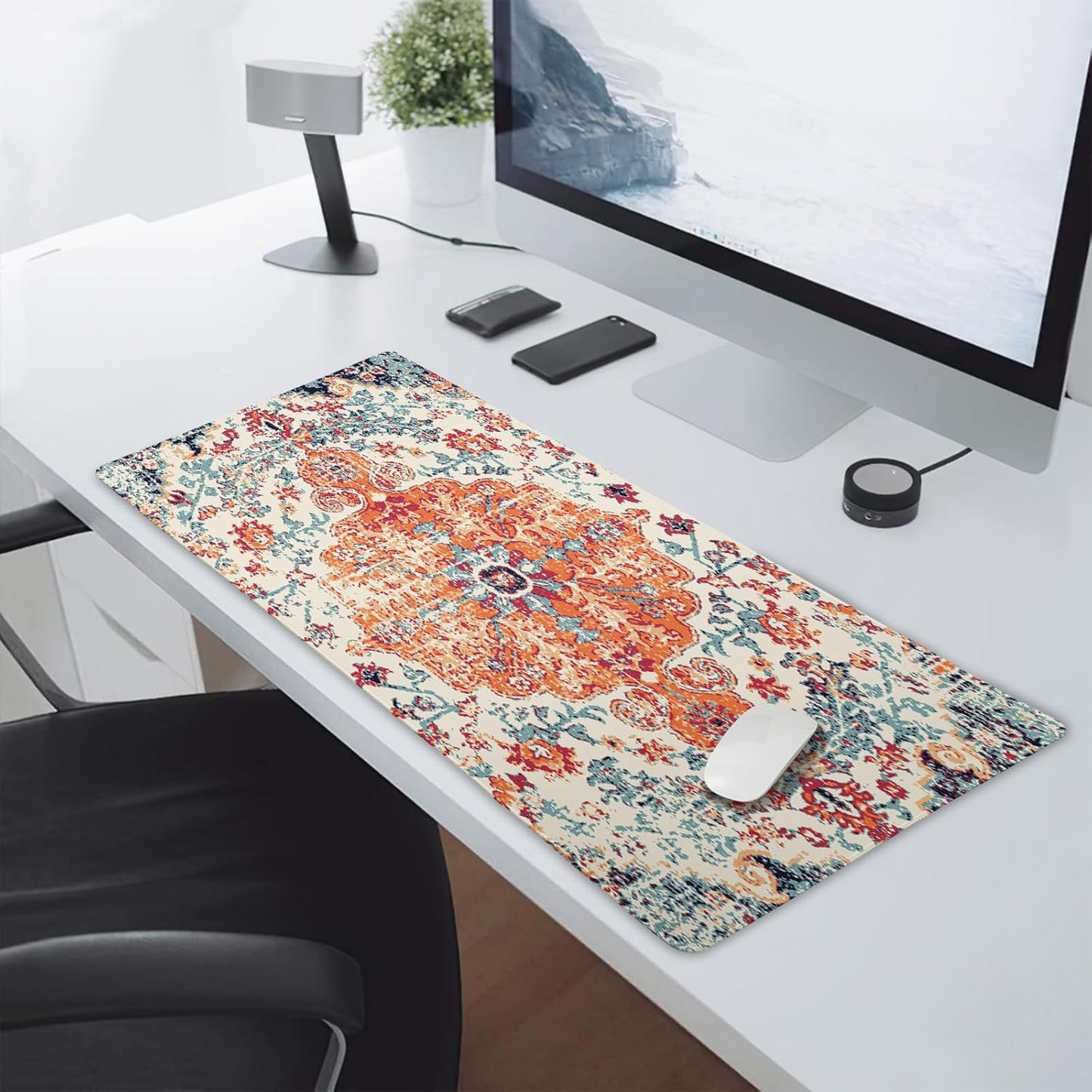 Orange Teal Boho Gaming Mouse Pad Large XL Rug Carpet Bohemian Retro Extended Large Desk Mat Big Mousepad Non-Slip Rubber Base Stitched Edge Long Desk Pad for Desktop Office PC Gamer,20x14 in,60x35cm