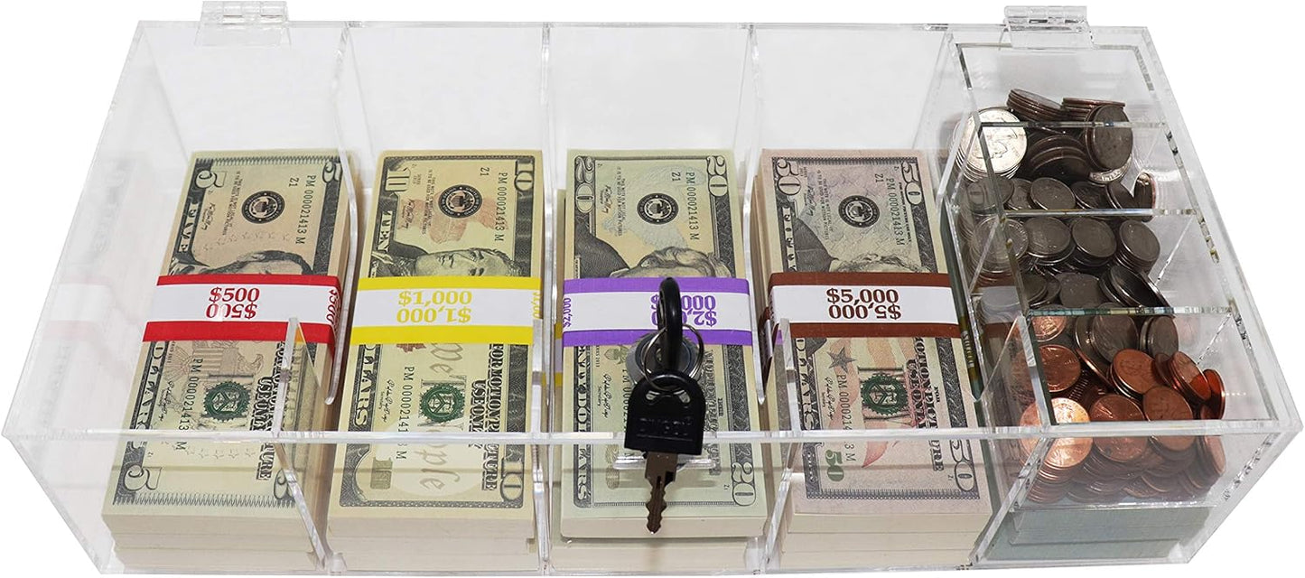 Clear Locking Currency Tray, 5 Compartment Cash Organizer Money Storage Box with Lockable Cover and Coin Tray Insert, 300 Currency Wrappers Included