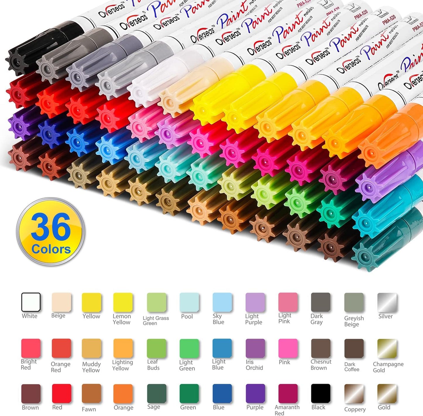 Overseas 36 Colors Paint Marker Pens - Permanent Oil Based Paint Markers, Medium Tip, Quick Drying, Waterproof Assorted Colors Marker Pen for Metal, Wood, Plastic, Rock, Stone, Rubber, Canvas, Glass