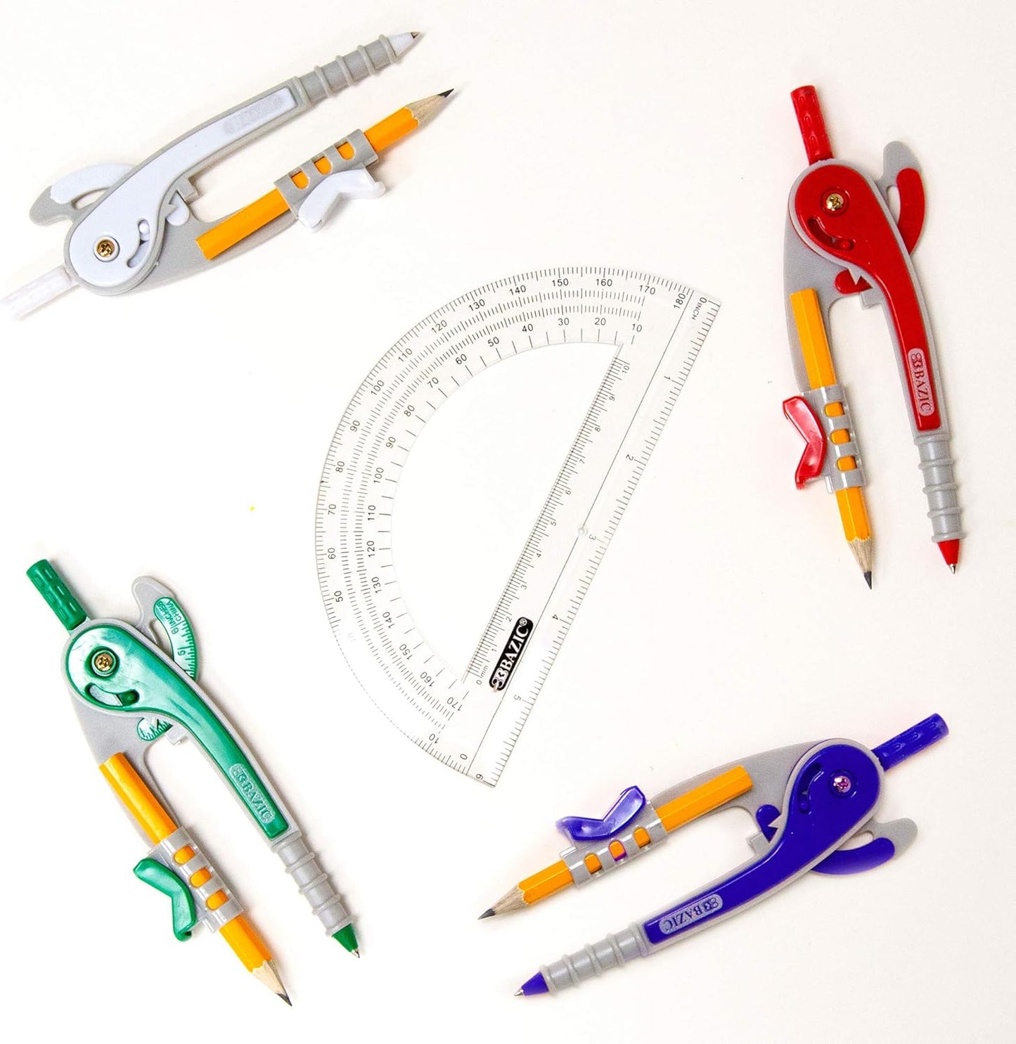 BAZIC Geometry Math Compass Set w/Scale-Arm, 6" Protractor, & HB Wood Pencil, Inch Centimeter, Mathematical Drafting Drawing Tool for Student, 24-Pack