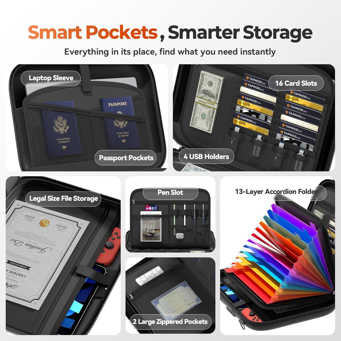 Nacial Fireproof Document Box with Lock & Shoulder Strap, Hard-Shell Fireproof File Organizer with 13 Pocket Accordion File Folder, Portable Safe Storage for Important Documents, Laptop, Black