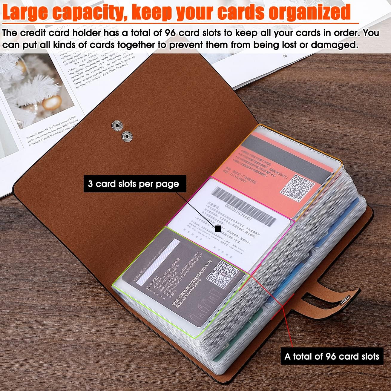RFID Credit Card Holder, Leather Business Card Organizer with 96 Card Slots, Credit Card Protector for Managing Your Different Cards and Important Documents to Prevent Loss or Damage (Black)