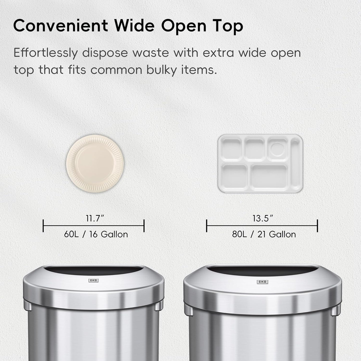 EKO Urban 16 Gallon Semi-Round Open Top Waste Bin, Stainless Steel Half Round Commercial Trash Can for Indoor and Outdoor, Extra Large Metal Garbage Bin for Home, Office, Restaurant, Restroom, 60L