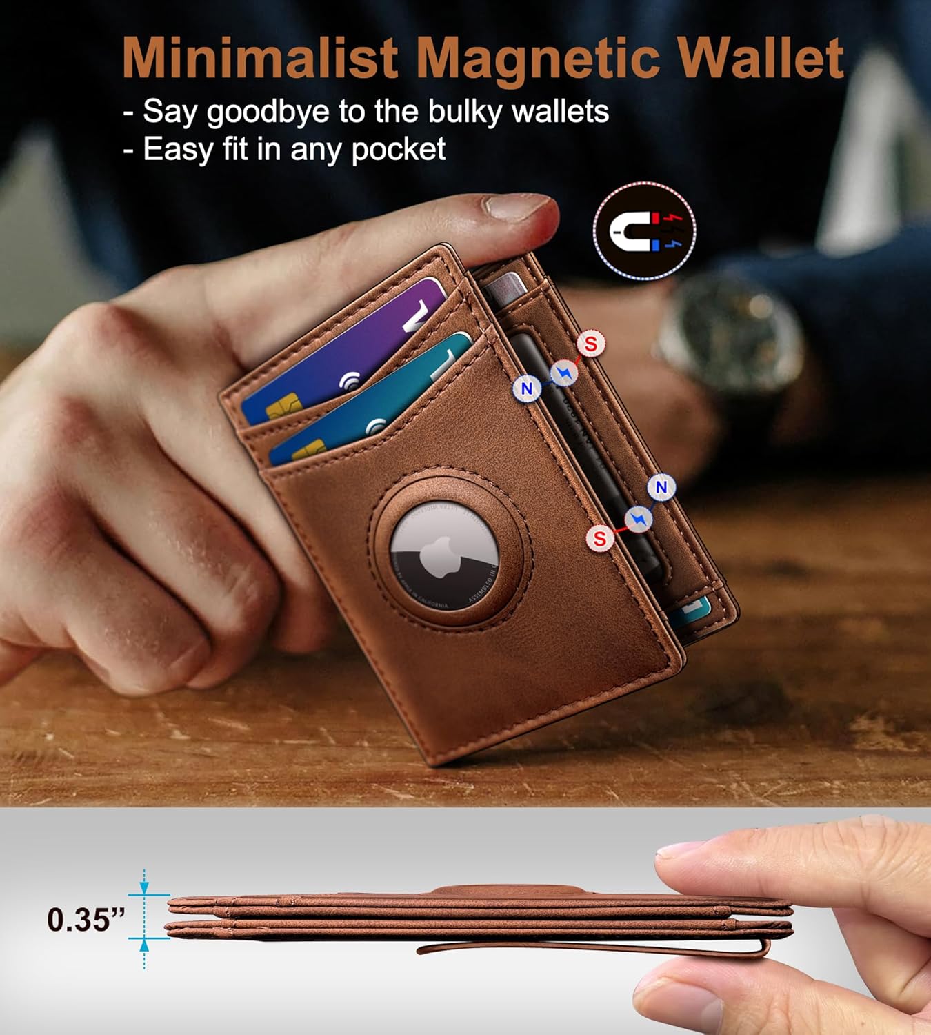 Airtag Wallet for Men- with Money Clip Gift Boxed, Magnetic Closure Slim Genuine Leather Front Pocket Wallet, 4.1"x 2.8", RFID Blocking