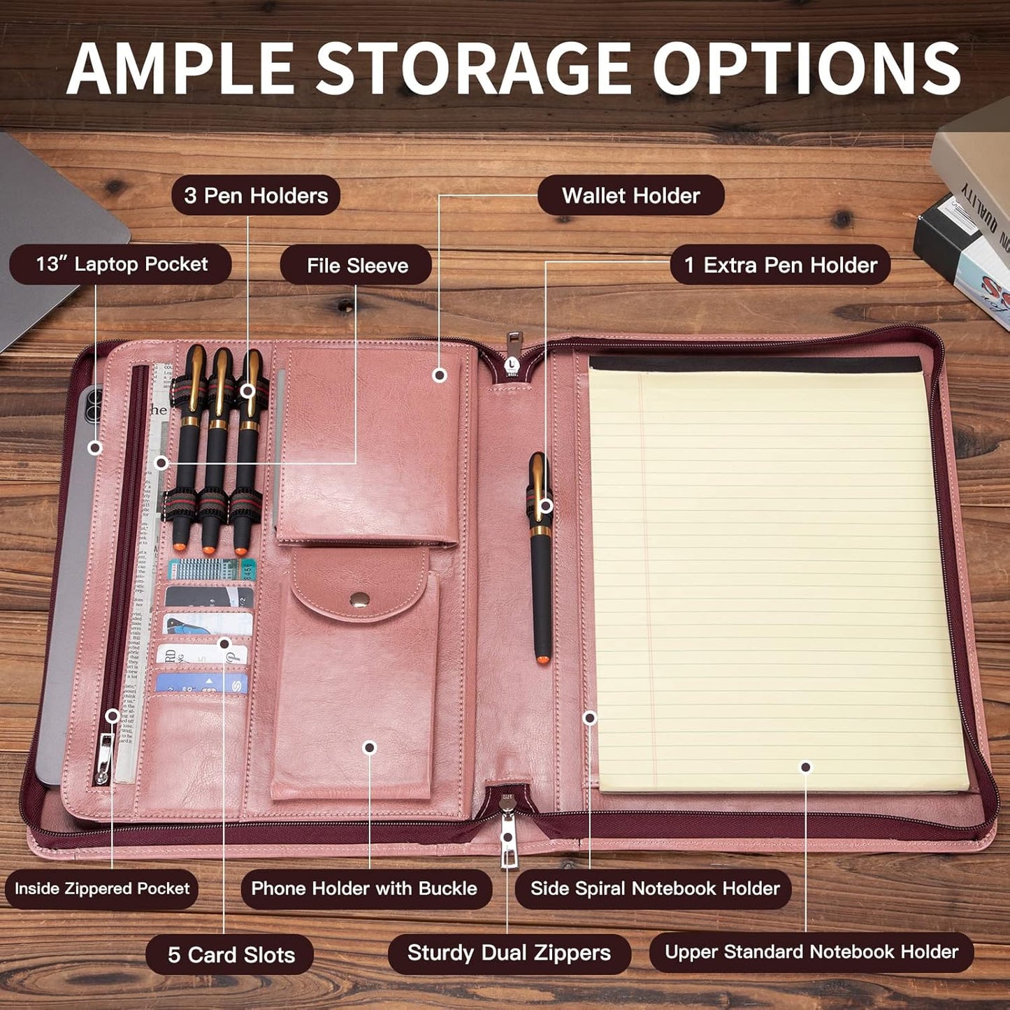 Personalized Vegan Leather Portfolio with Front Pocket for Women, Custom Zippered Padfolio Binder for 8.5 x 11 Legal Pad Notebook, Professional Laptop Case, Pink