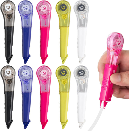 Correction Tape Pen, 10-Count Pack, 19.69ft Each, Dry Instantly, Stretch Resistant, not Easy to Break, as Smooth as Writing, Perfect for School, Office Supplies, Black White Red Yellow Blue