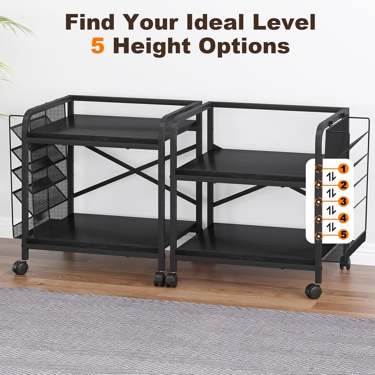 EasyCom Large Printer Stand with File Holder Organizer, Adjustable Height Shelf with Wheels, Rolling Printer Cart with Storage for Printer Scanner Fax Home Office Use Black