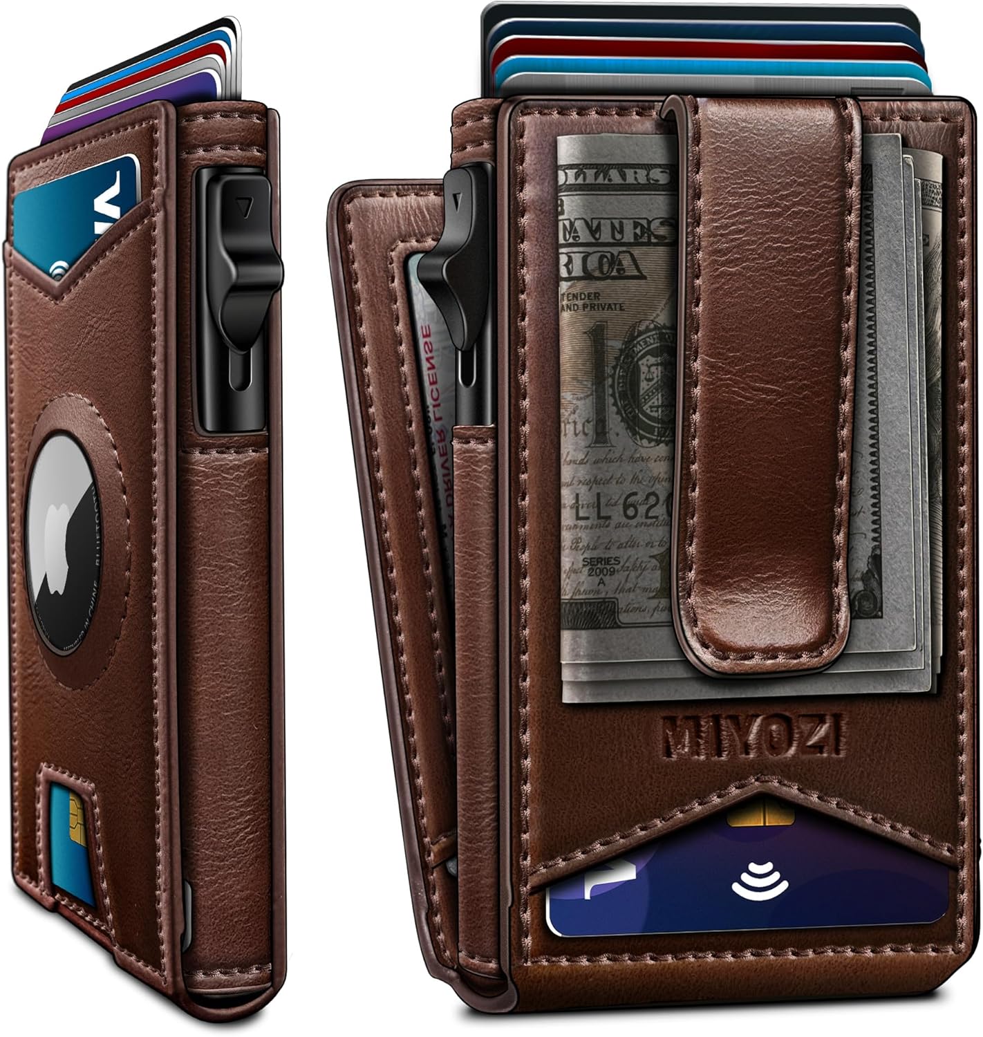 Airtag Wallet for Men,with Money Clip Gift Boxed,Slim Front Pocket Wallet RFID Blocking Metal Case Smart Pop-up Credit Card Holder in Magnetic Leather Flip