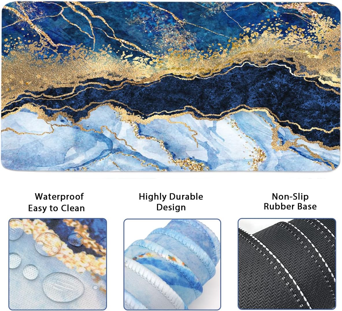 4-in-1 Large Gaming Mouse Pad, Keyboard Wrist Rest Pad & Wrist Support Mousepad Set, Extended Desk Pad Waterproof Desk Mat for Home Office Study Game - Blue Gold Marble