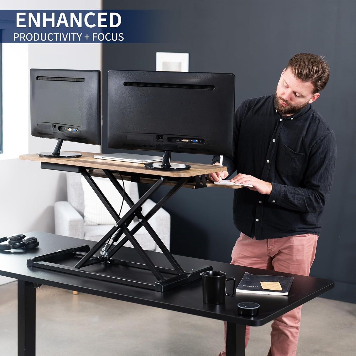 VIVO 36 inch Desk Converter, K Series, Height Adjustable Sit to Stand Riser, Dual Monitor and Laptop Workstation with Wide Keyboard Tray, Reclaimed Wood Top, Black Frame, DESK-V036KP