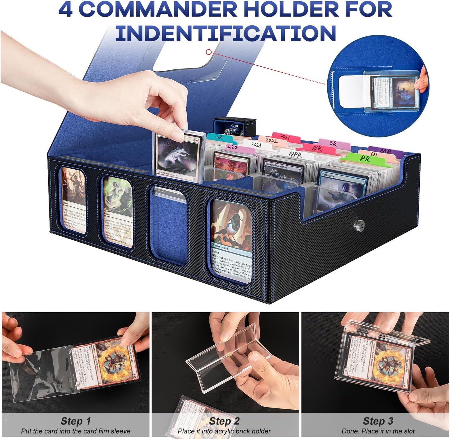 3200+ Trading Card Storage Box with Commander Display, 4-Row TCG Card Box with Portable Handle, Compatible for TCG/MTG/Magic Cards, 30 Colorful Divider, 8 Supporters, US Design Patent (Black&Blue)